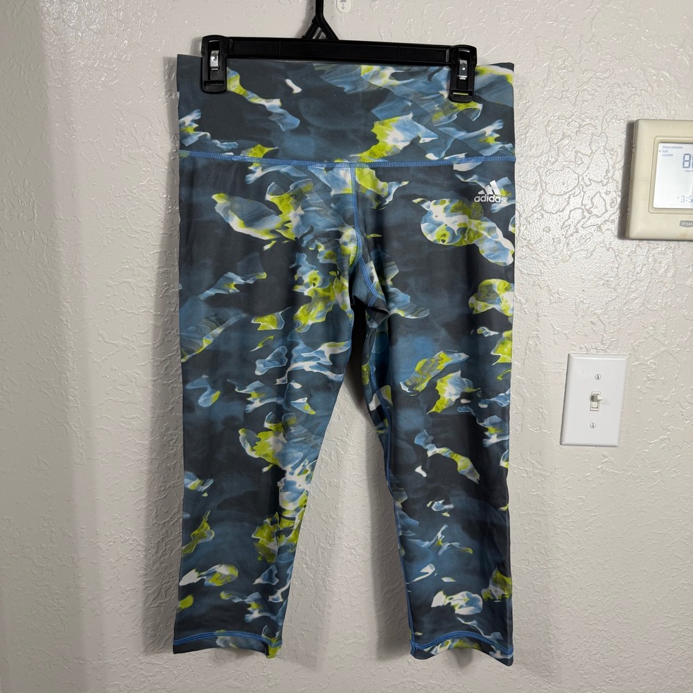 Adidas Climalite Women Blue Grey Lime Green Abstract Print Cropped Leggings M